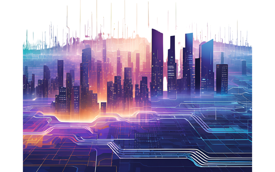 An image with digital circuits or a cityscape with digital overlays, symbolizing the integration of IaaS in urban energy management.