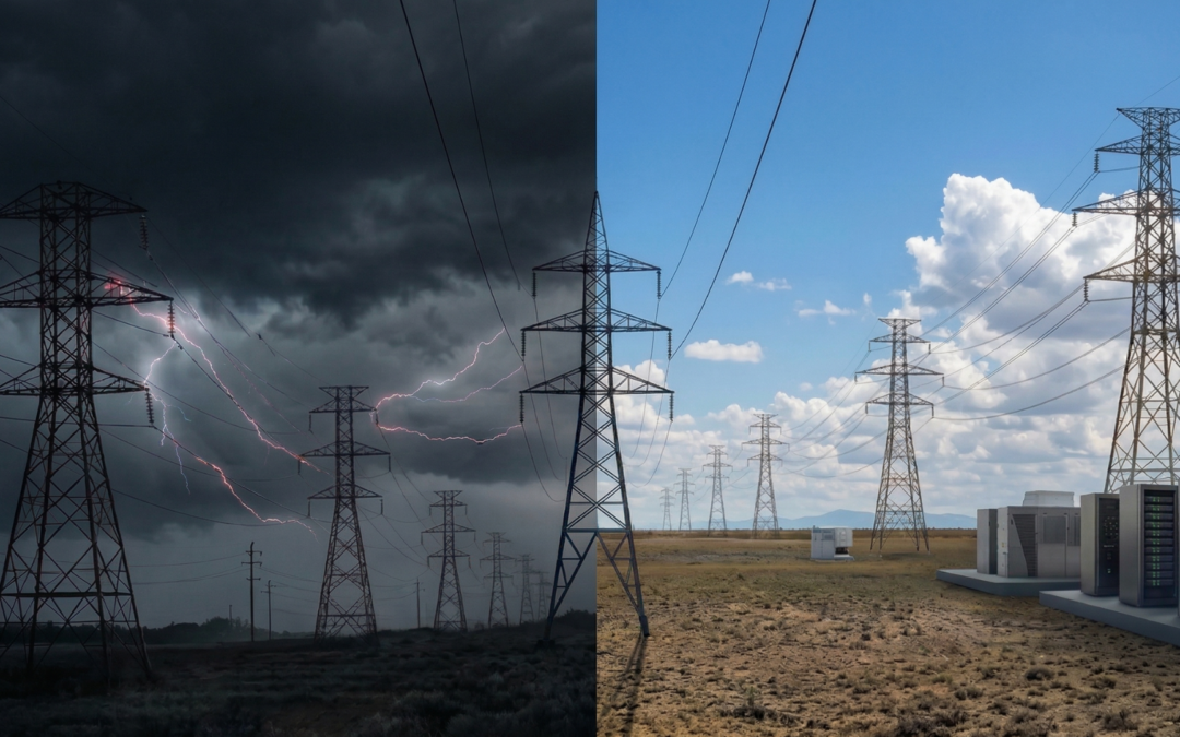 A split-screen landscape showing a dark, stormy power grid with lightning on the left, transitioning to a bright, clear blue sky with a modern data center and power lines on the right.