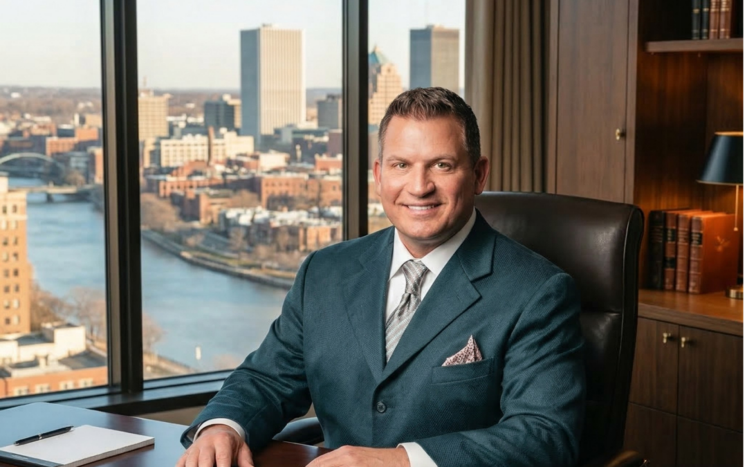 Jason Guck sitting at a desk in a Rochester office overlooking the city skyline, representing ethical entrepreneurship and mentorship.