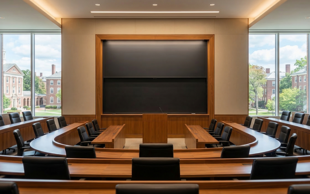A pristine, empty modern business school classroom with tiered wooden desks and a large blank whiteboard, symbolizing strategy and leadership education.