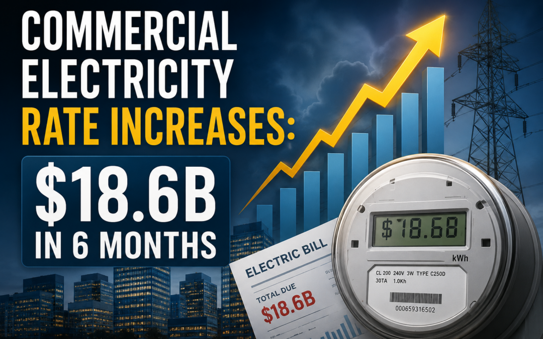 Commercial electricity rate increases illustrated with a rising graph, utility meter, power lines, and city skyline representing $18.6 billion in increased commercial electricity costs over six months.